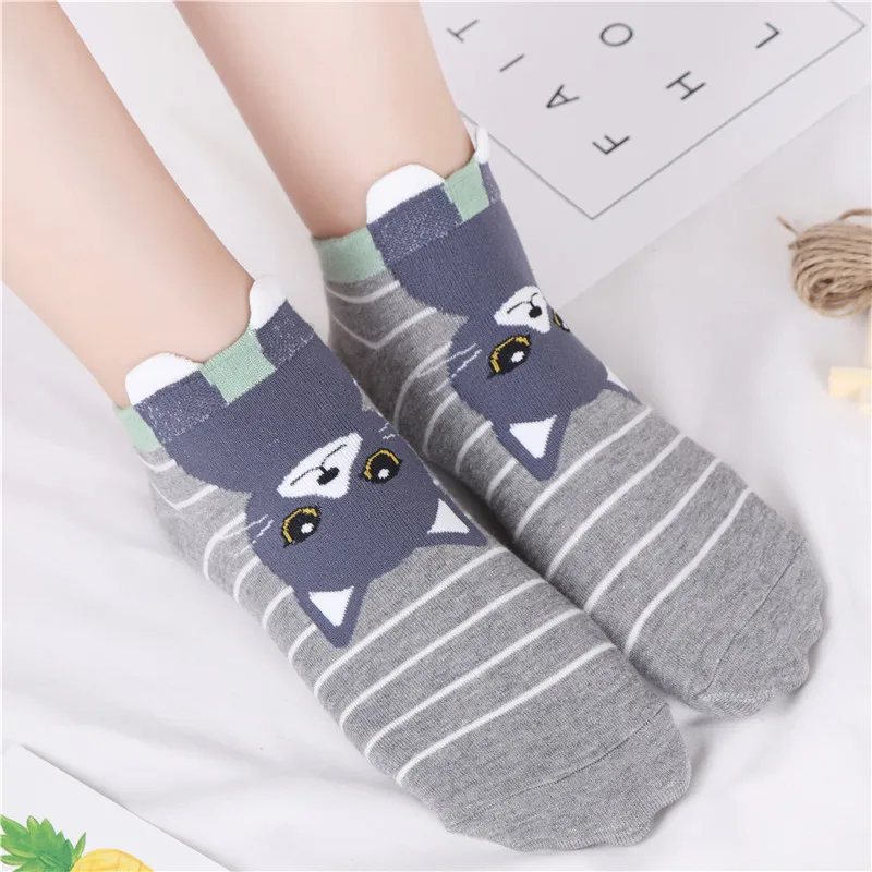 5 пар, Harajuku Ankel, короткие милые носки с котом, женские,, Мультяшные, с животным принтом, хлопчатобумажные забавные носки, пушистые, с 3D ушками, рождественские носки