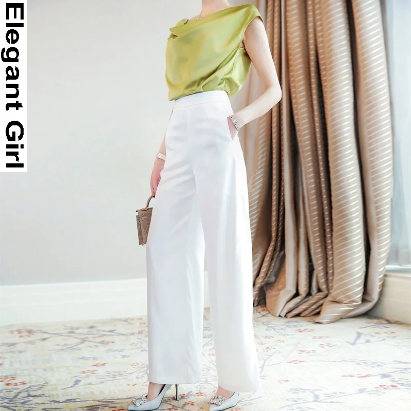 

2021 Summer Korean Fashion Two Piece Suit Sleeveless Green Blouse+High Waist White Wide Leg Pants Women Sets Office Lady