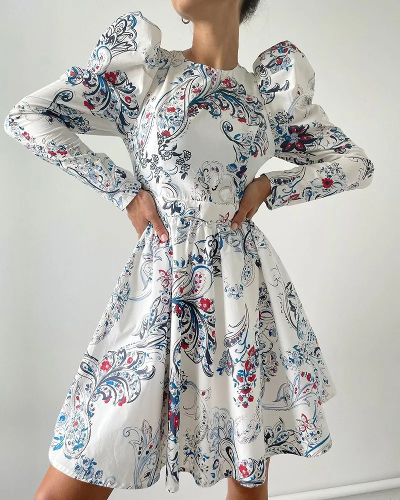 

2021 European and American Women's New White Dresses Puff Long Sleeve Floral Print Dress