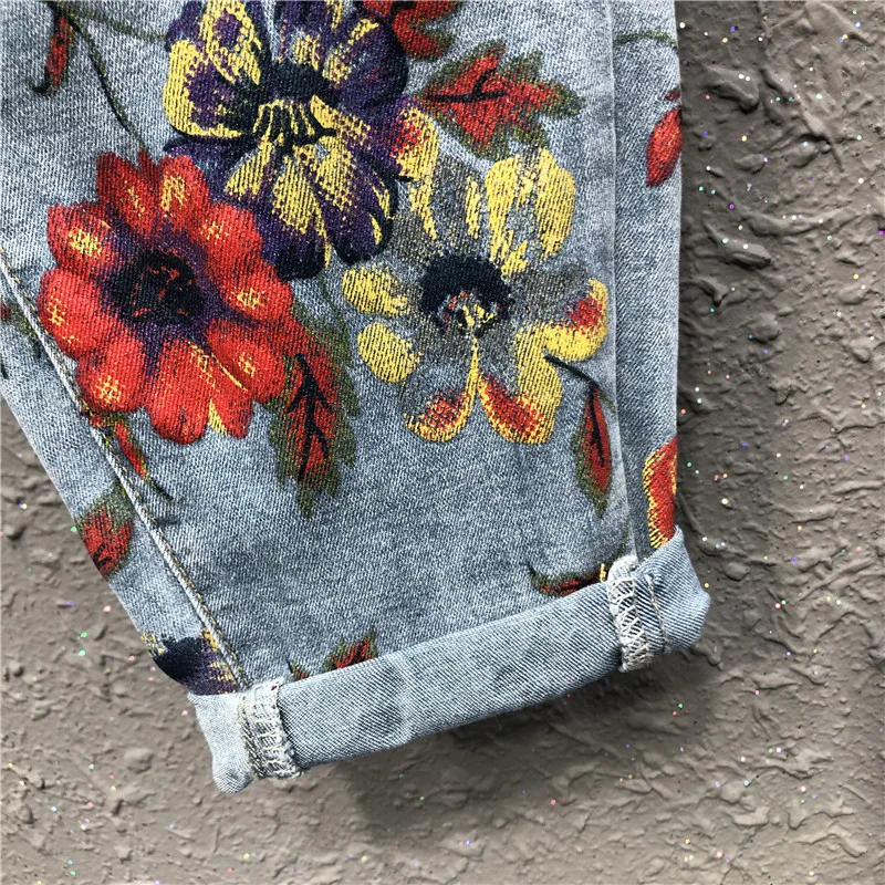 Flower jeans high waist fashion woman denim harem pants flower print loose cropped trousers women's | Женская одежда