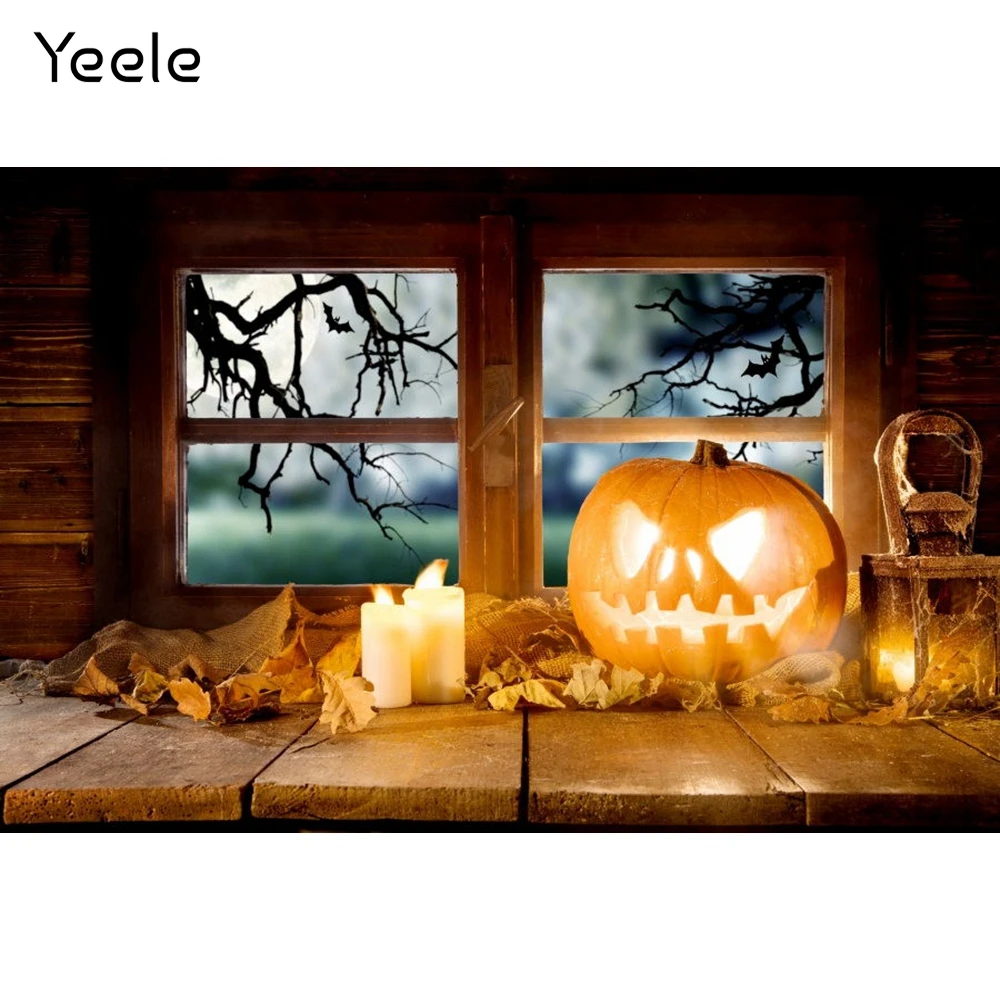 

Yeele Halloween Wood Board Window Candles Pumpkin Lantern Photocall Photography Baby Backdrops Decoration For Photo Studio