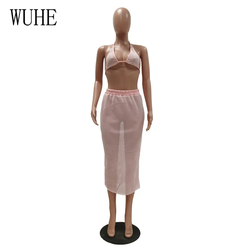 

WUHE Sheer Mesh Two Piece Bikinis Set Sexy Backless Crop Top Bodycon Midi Dresses Women Summer Beachwear Bathing Suit