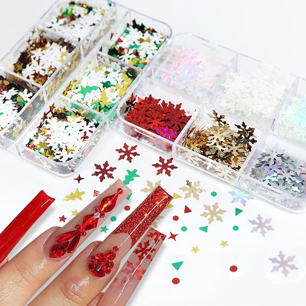

6 Grid Boxed Christmas Series Nail glitter sequins Winter White Snowflake Nail Sequin Ornaments
