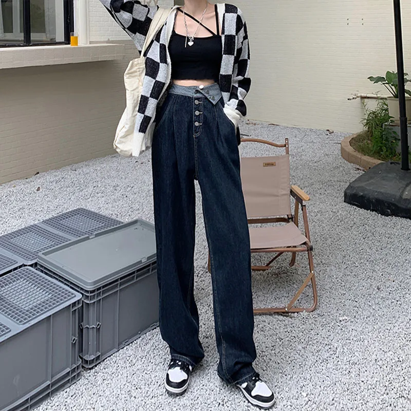

Korean Chic New Vintage Water Wash High Waist Buttons Design Cowboy Trousers Autumn Winter Loose Denim Wide Leg Pants For Female