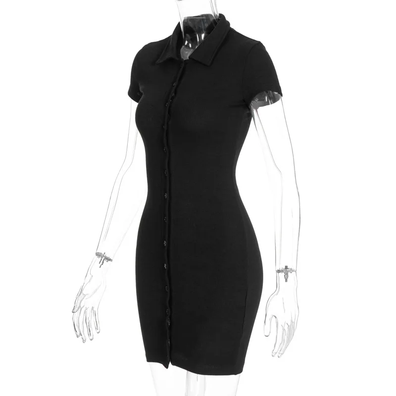 

Women Elegant Stretch Club Slim Fit Knitted Dress Basic Solid Short Sleeve Lapel V Neck Button Up Bodycon Sexy Mini Party Dress