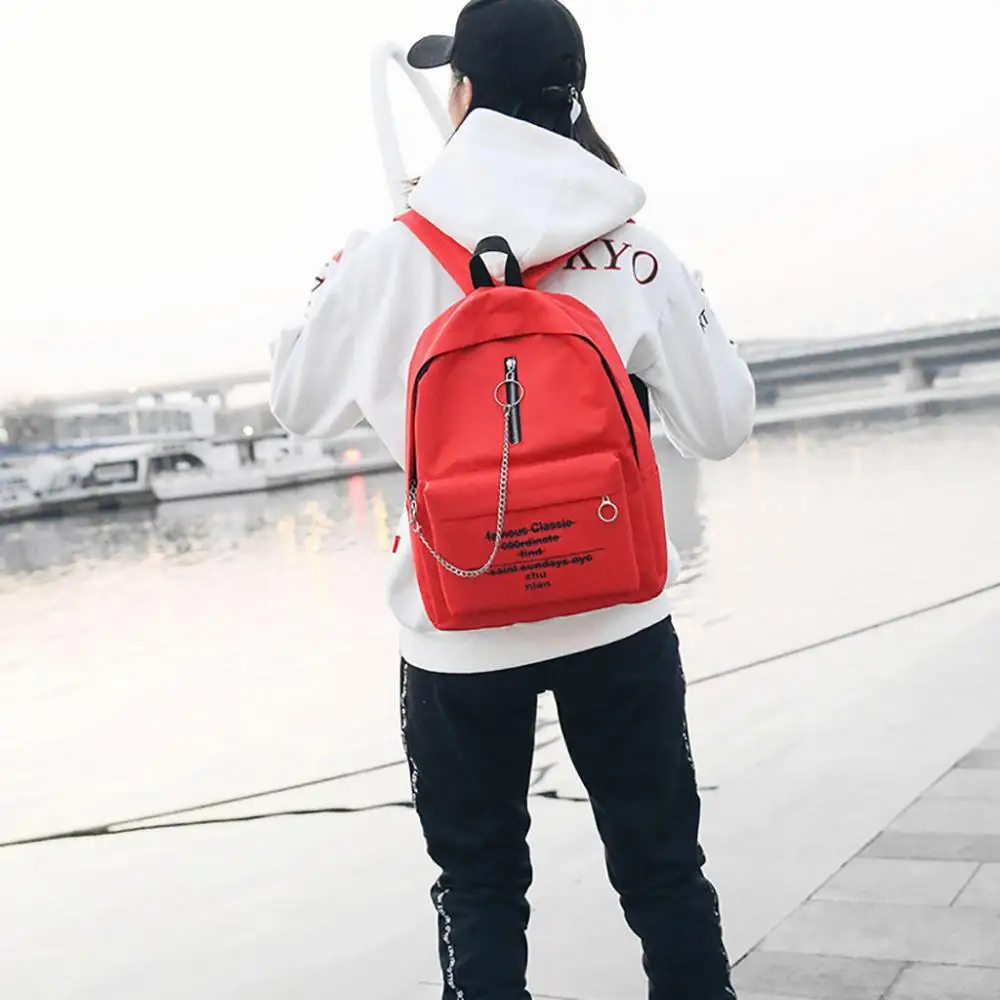 

Fashion Canvas Unisex Teenager Rucksack Backpack Solid Chain Letter Print Leisure School Travel Bag Swimming Bag