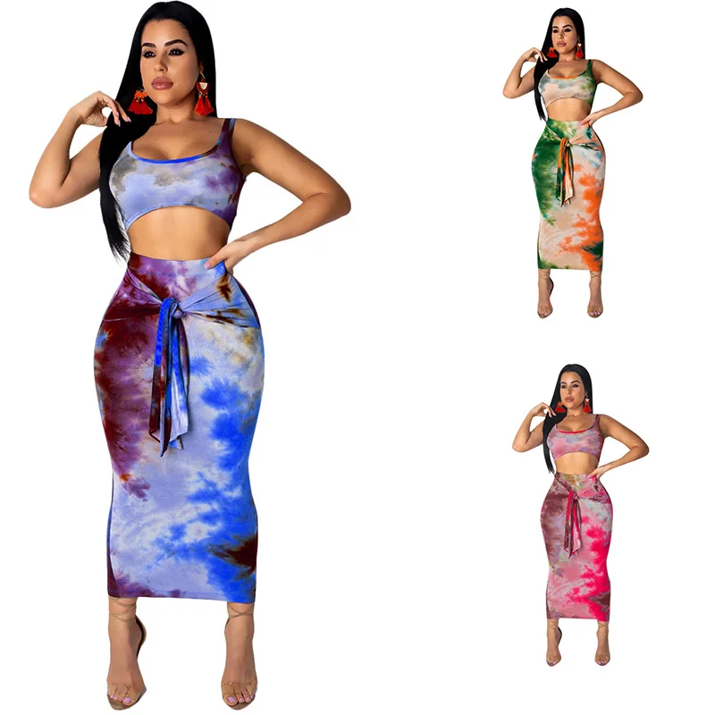 

Summer Women Suit Sexy Tie Dye Printed Tank Sets Shortened Tops Bandage Skirts for Beach