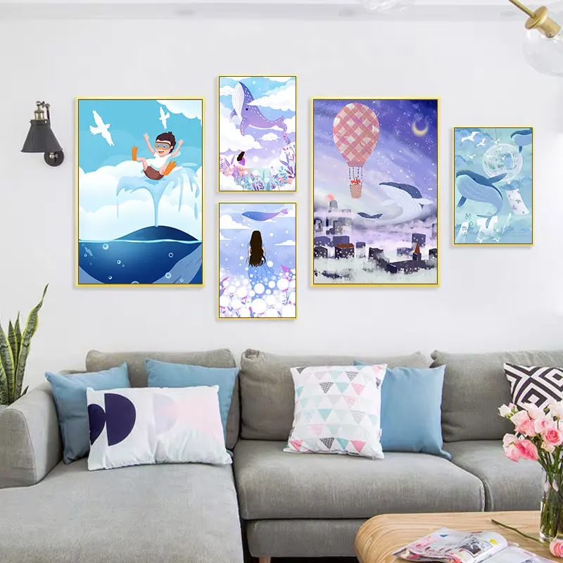 Счастливый Кит летит в небе пейзаж плакат и печать скандинавском стиле настенные