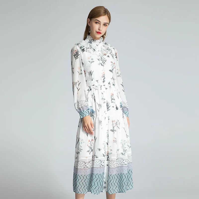 

MIUXIMAO High Quailty 2020 Fall Dress Long Sleeve flowers Print Lace Vintage Mid-Calf Casual Long Beach Dress Women