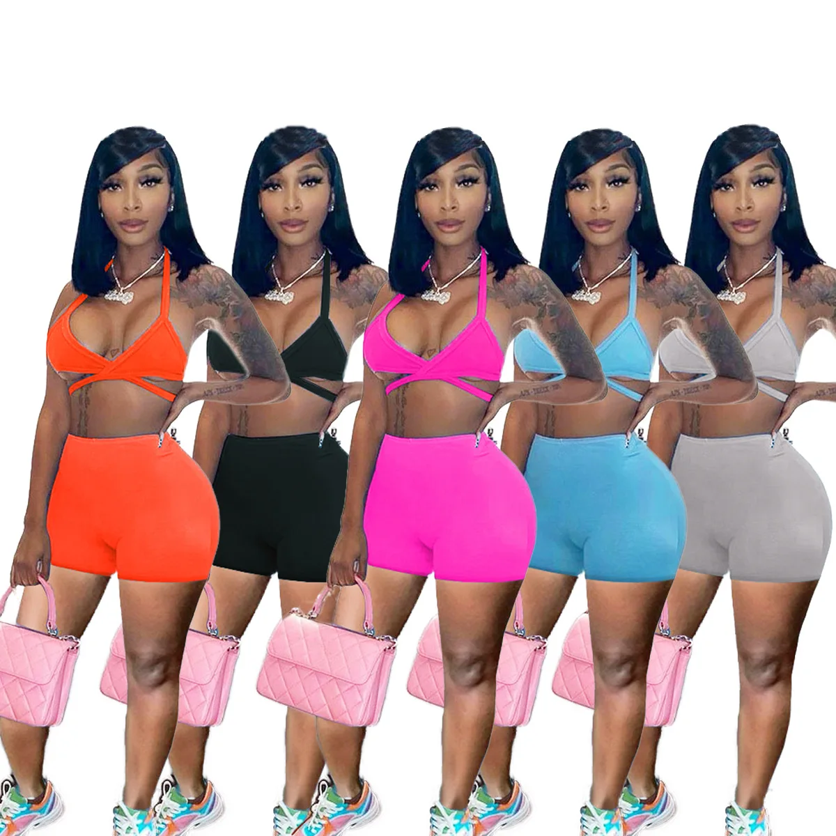 

Women's Workout 2 Piece Outfits High Waist Running Shorts Gym Yoga Crop Top Sets