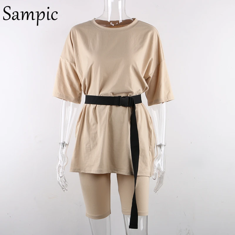 Женский костюм с круглым вырезом Sampic белый и хаки топ коротким рукавом