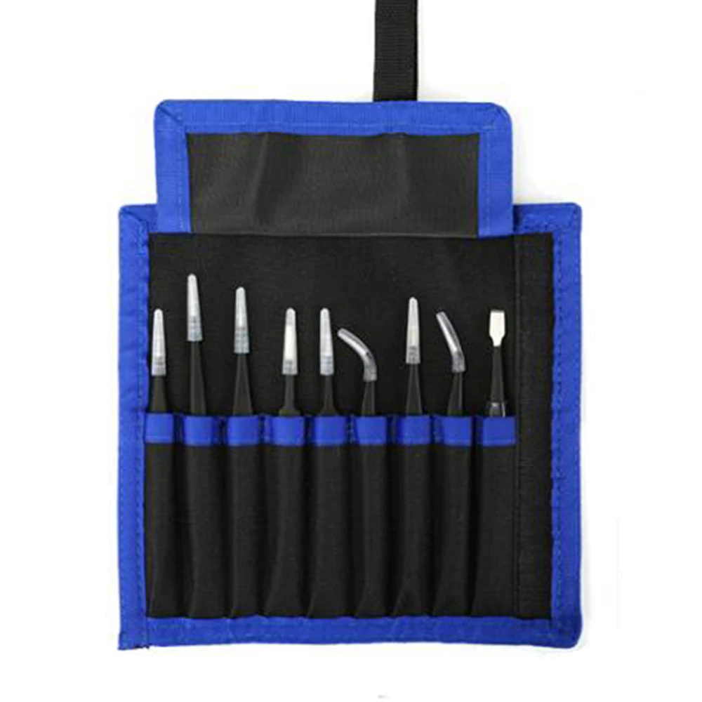 

9 шт. Электроника промышленный пинцет антистатические ESD прецизионные щипцы из нержавеющей стали для ремонта телефонов набор ручных инструментов с сумкой