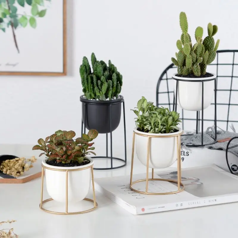

Nordic Style Ceramic Flower Pot Planter And Round Iron Rack Stand Holder Display LX9C