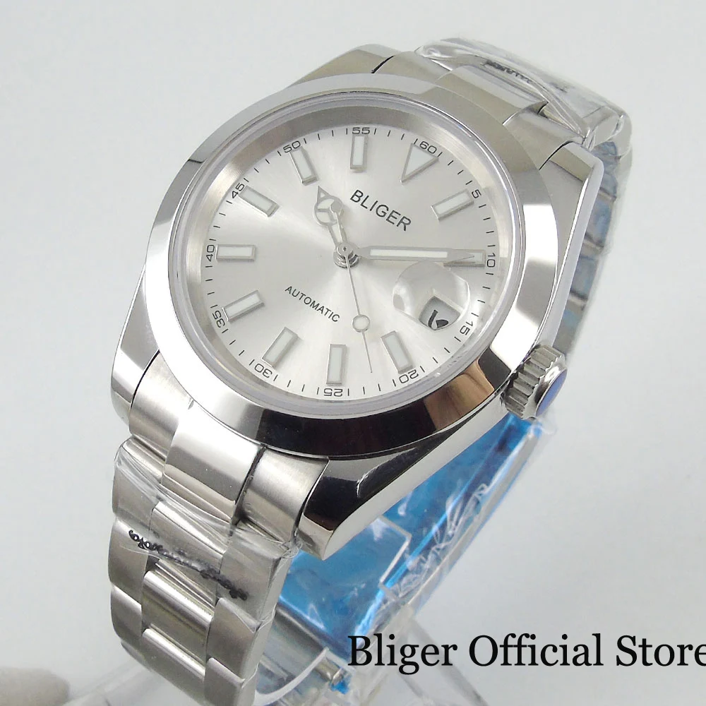 

BLIGER New Polished Men Watch Sapphire Glass White Dial Date Window MIYOTA Movement Menatl Strap Deployment Clasp
