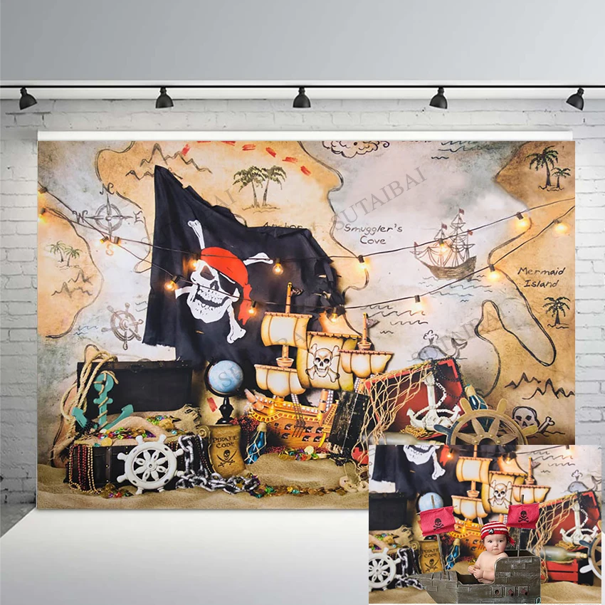

Pirate Adventure Theme Backdrop Newborn Baby 1st Birthday Cake Smash Photo Background Nautical Map Treasure Gold Decor Photocall