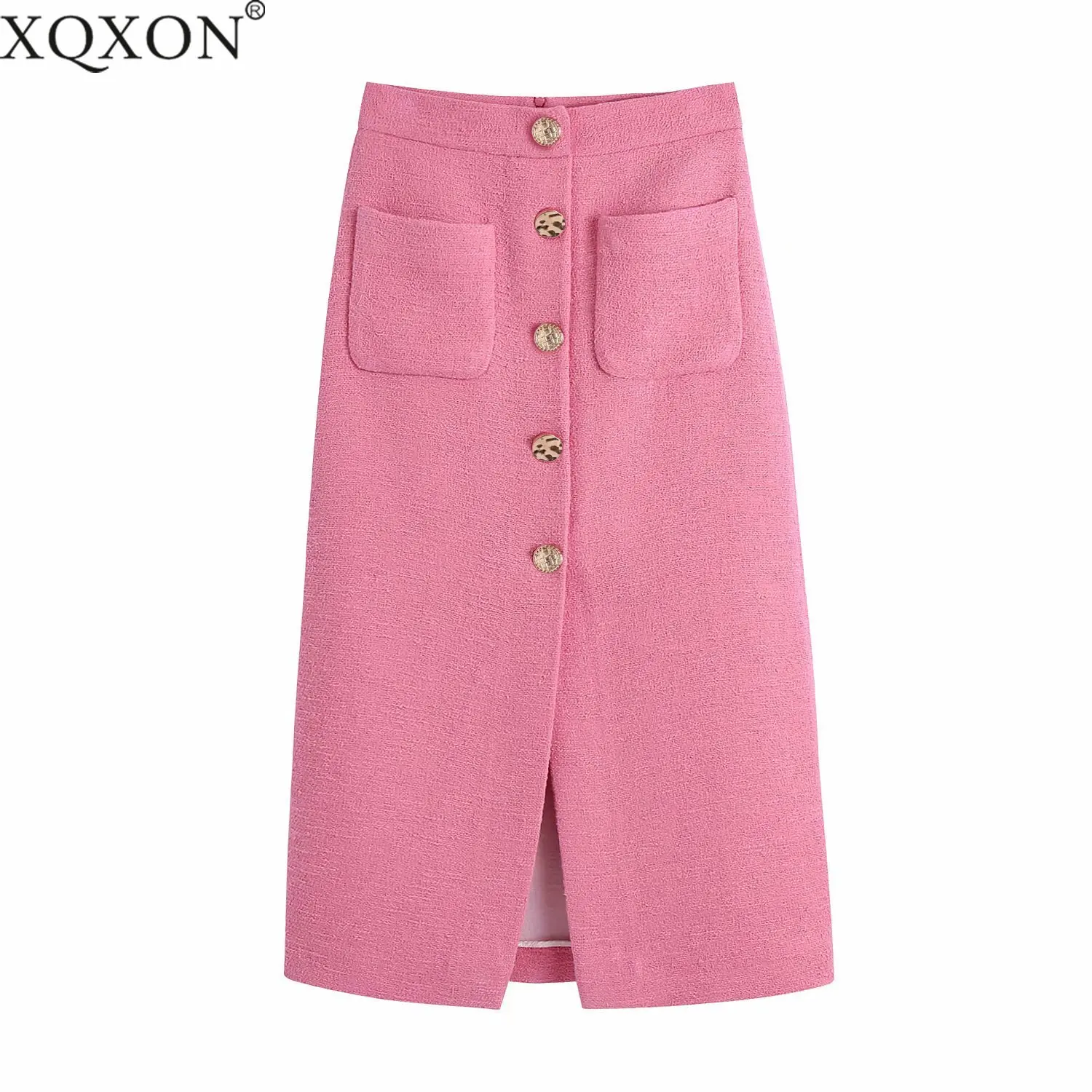 

Women 2021 Chic Fashion With Buttons Front Slit Pink Tweed Midi Skirt Vintage High Waist Back Zipper Female Skirts Mujer