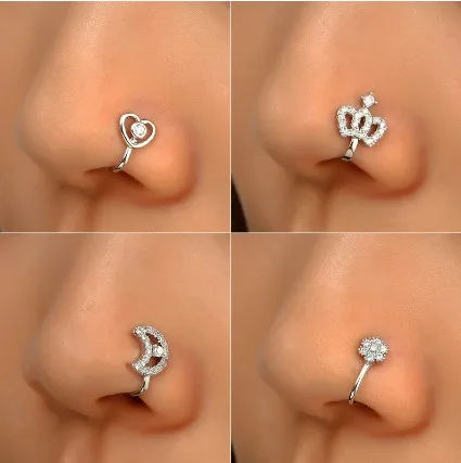 1Pc Copper Fake Piercing Nose Ring Heart Star Crown Clip On Nose Ear Clip Cuff Earring For Women Girl Gift Body Jewelry Nose images - 6