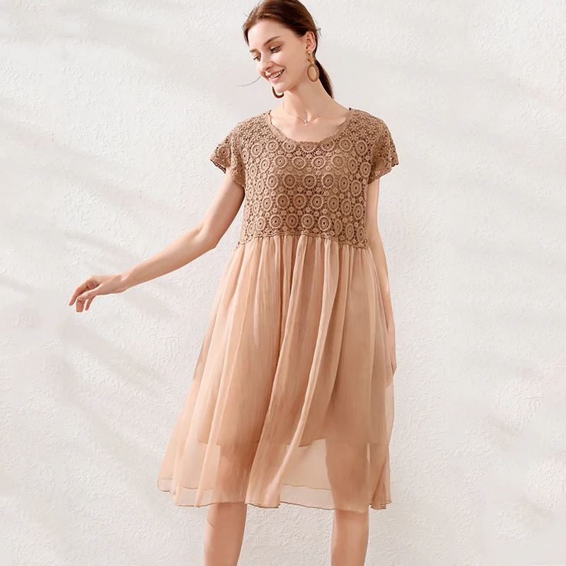 Летнее платье 2020 свободное шифоновое в стиле ампир вязанное крючком с короткими