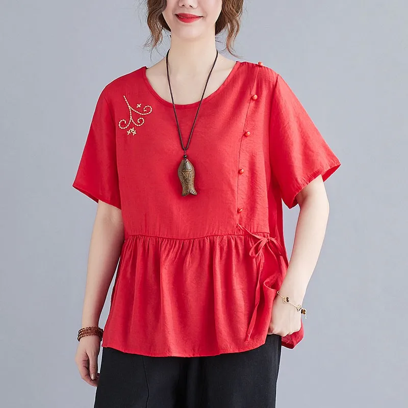 

Women Cotton Linen Casual T-shirts New Arrival 2021 Summer Simple Style O-neck Vintage Embroidery Loose Female Tops Tees S3678