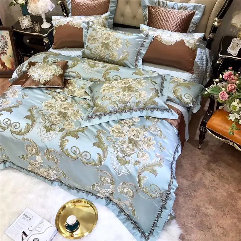 

J1 Bedding Set Luxury Blue Satin Like Silk and Cotton Duvet cover Flat sheet Bedspread Pillow shams