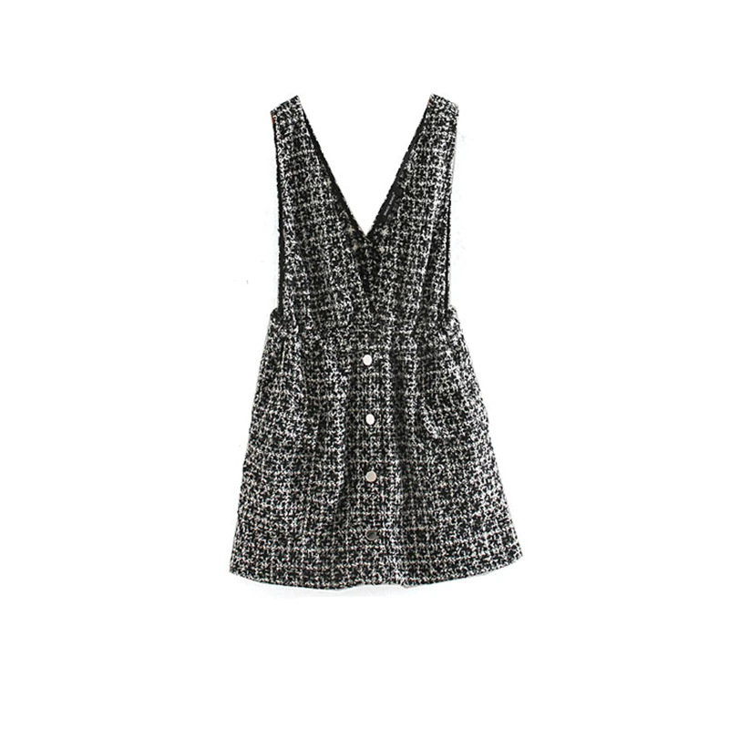 Winter Tweed Dress Woman Elegant Plaid Mini Deep V Neck Women Vintage Sleeveless Dresses Ladies Korean Overall 2020 | Женская одежда
