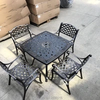 5 piece solid cast aluminum grid design outdoor furniture dining set square table arm chair set for garden backyard