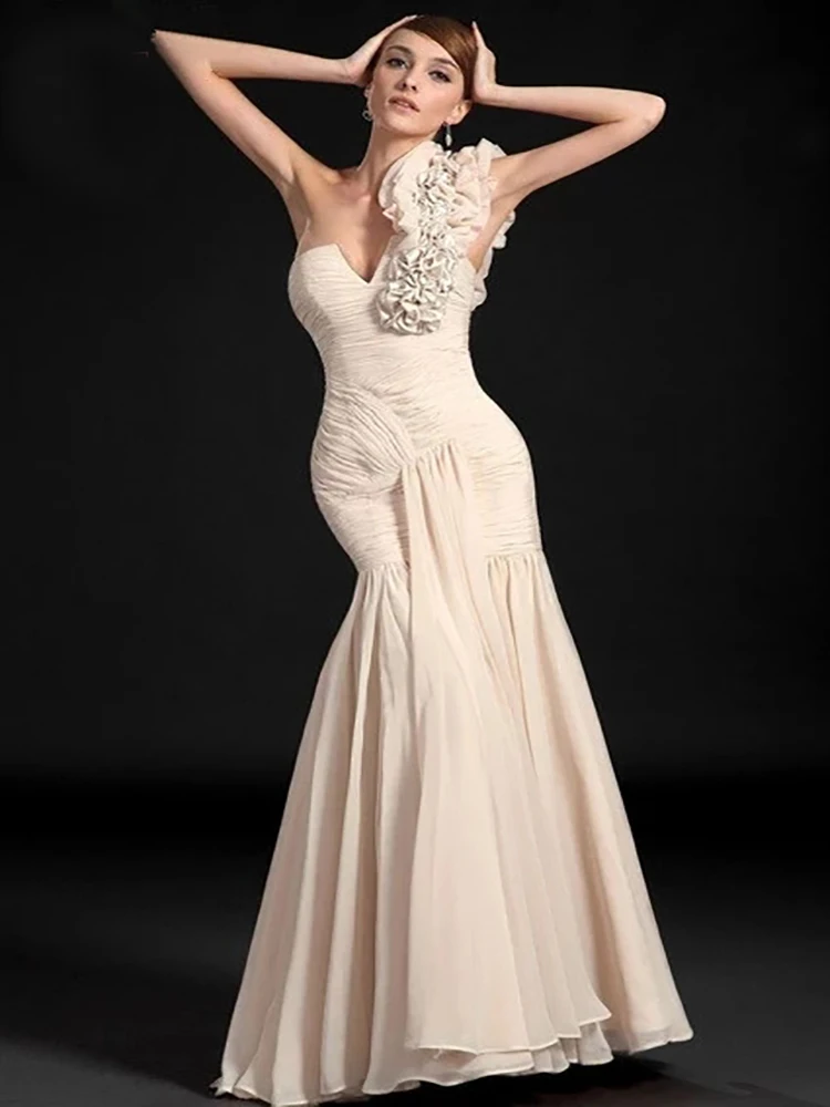 

Backless Evening Dresses Mermaid One-shoulder Chiffon Ruffles Long Dubai Saudi Arabic Evening Gown Prom Dresses