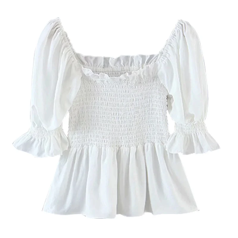 

WOMENGAGA Summer Whiter Puff Sleeve Square Neck Slim Blouse Korean Sweet Style With Ruched Elasticity Women Shirt PH8P