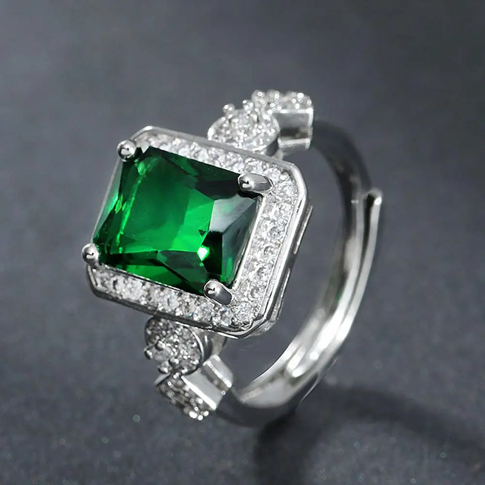 

Fashion square green crystal emerald gemstones diamonds rings for women white gold silver color jewelry bague fashion party gift