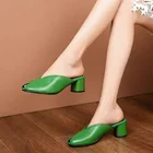 Мюли женские с открытым носком, сандалии из искусственной кожи, квадратный каблук, Нескользящие, сланцы, летняя обувь, зеленые