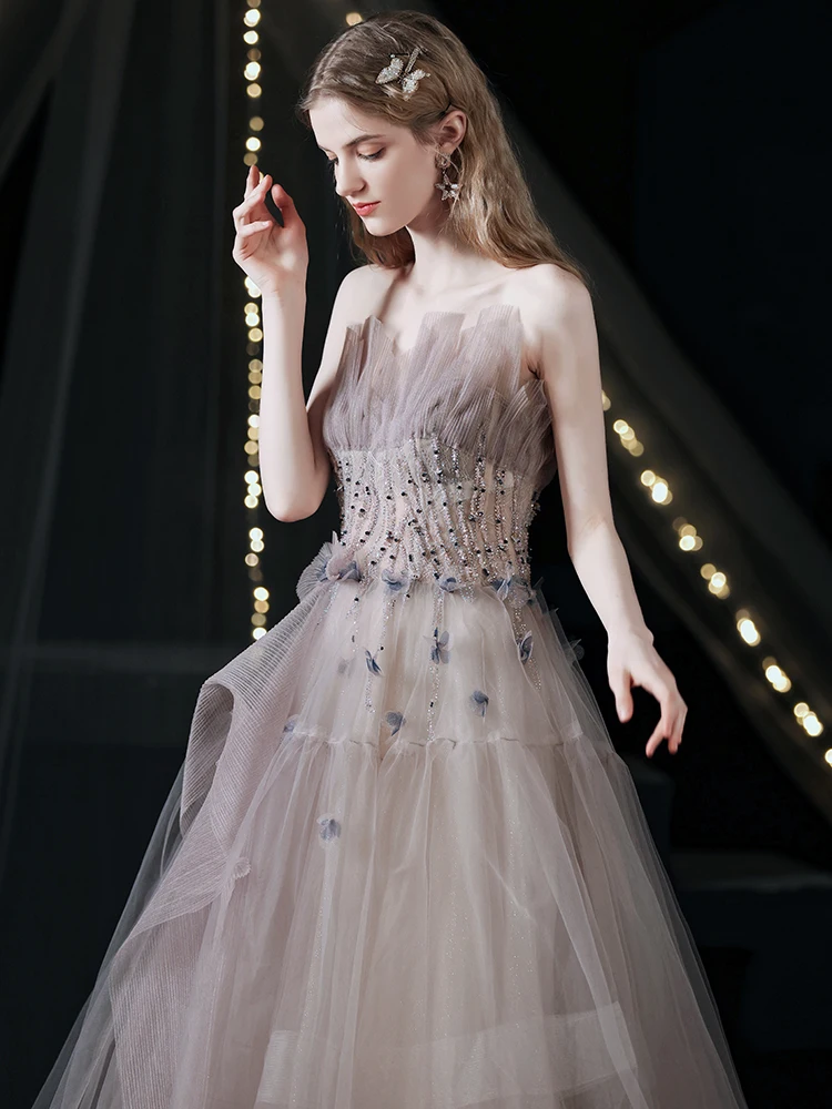 

Elegant Strapless Evening Dress Exquisite Beading Sequins A Line Slim Prom Dress Sexy Backless Bandage Female Party Gown