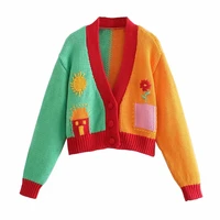 uniqyb za cardigan sweater fashion female long sleeve embroidery vintage color contrast knitting cardigan female outerwear tops