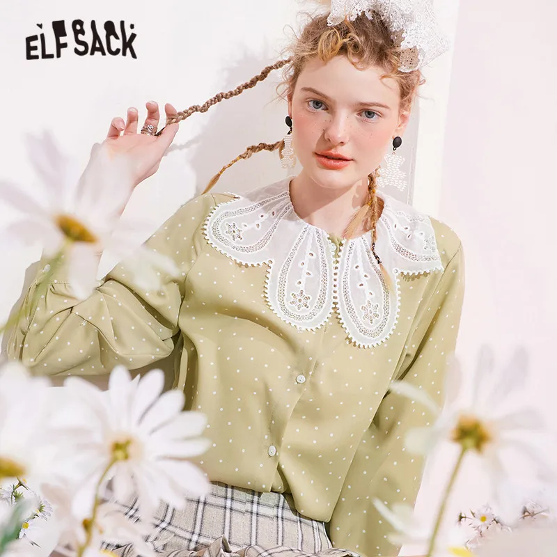 ELFSACK Polka Dot Chic Single Breasted Casual Shirt Women,2021 Spring Vintage PeterPan Collar Sweety Girly Basic Daily Top