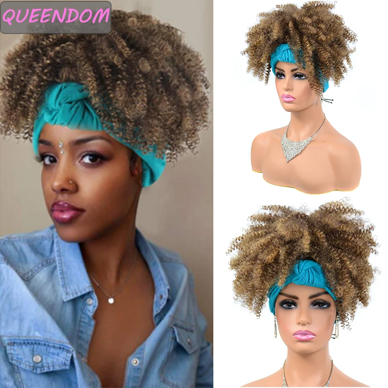 

Short Afro Kinky Curly Headband Wig Ombre Blonde Curly Headwrap Wigs for African Women 14 Inch Synthetic Blue Turban Cosplay Wig