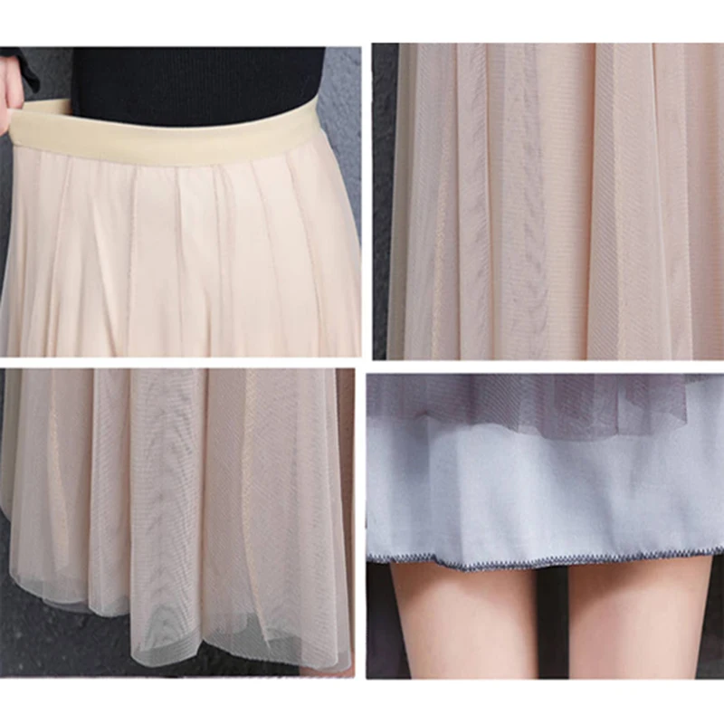 Tulle Skirts Womens Midi Pleated Skirt Black Pink Elastic High Waist Korean 2019 New Spring Summer Vintage Mesh Tutu | Женская одежда