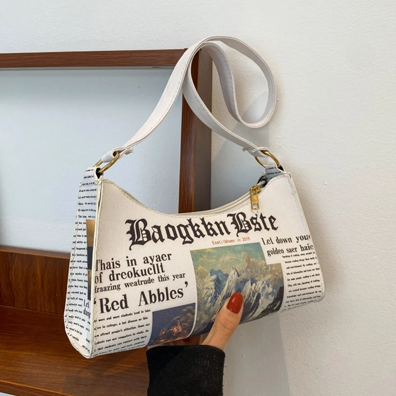 

Fashion Baguette Shoulder Bags for Women Newspaper Printed Leather Armpit Handbag Female Underarm Purse Clutch