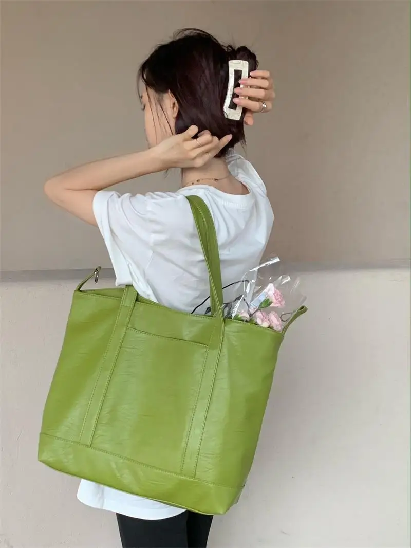 

Soft PU Leather Women's Shopping Tote Simple Large Capacity Female Girls Shoulder Underarm Bags Fashion Ladies Green Handbags
