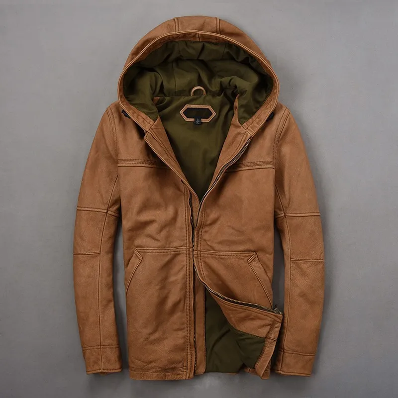 

Hooded Autumn Winter Mens Natural Cow Leather Jacket Slim Sheepskin Vintage Real Leather Jacket Coats windproof Overcoats