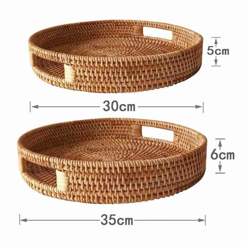 

1/2pcs Woven Rattan Storage Tray Handmade Round Rattan Bread Basket Woven Tea Tray With Handles Dessert Fruit Storage Basket