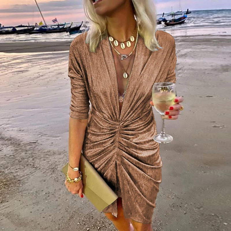 

Spring Autumn Female Sheath Pleated Dress Deep V Neck Slim Fit Solid Long Sleeve Folds Dress Women Casual Midi Party Club Dress