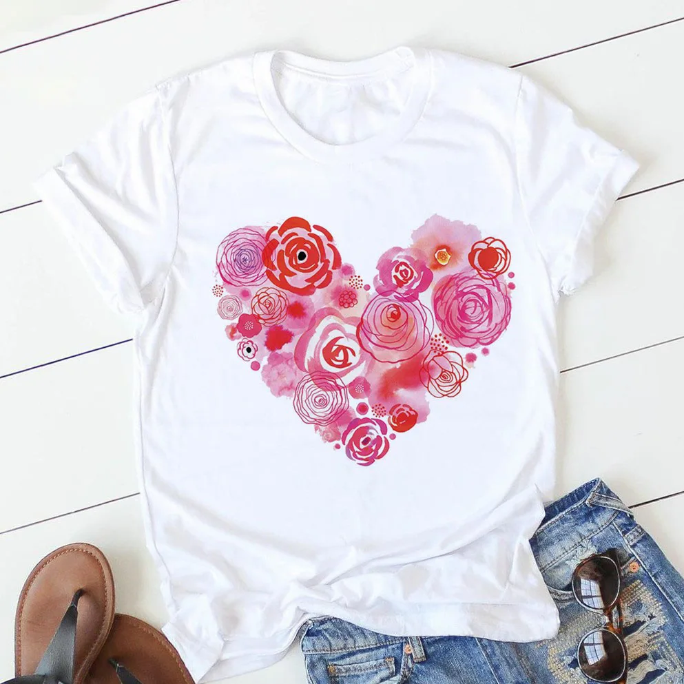 

Woman O Neck Female Clothes Tops Tees Woman Girl T shirt Women T shirts Love Heart Printed Korean Style Graphic Tops