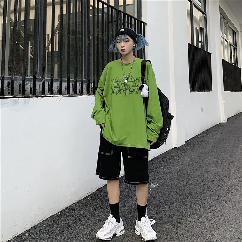 Lychee Harajuku, чистый цвет, длинный рукав, женская футболка, пламя, буквенный принт, осень, женская футболка, свободная, зеленая, женская футболка