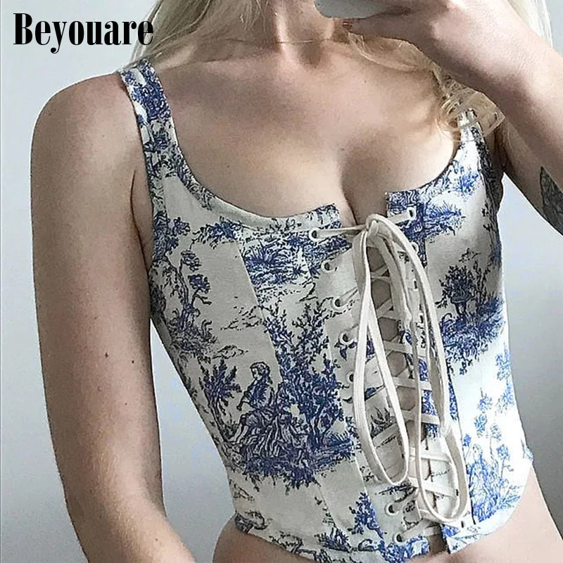 

Beyouare Summer Square Collar Women's Tank Crop Tops Printing Drawstring Bandage Hollow Out Vest 2021 Sexy Skinny Elegant Camis
