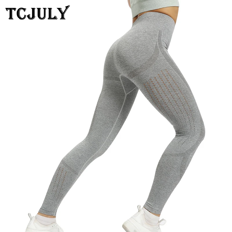 TCJULY Sexy Hollow Out Seamless Leggings For Women Solid High Waisted Push Up Workout Pants Breathable Quick Dry Fitness Leggins | Женская