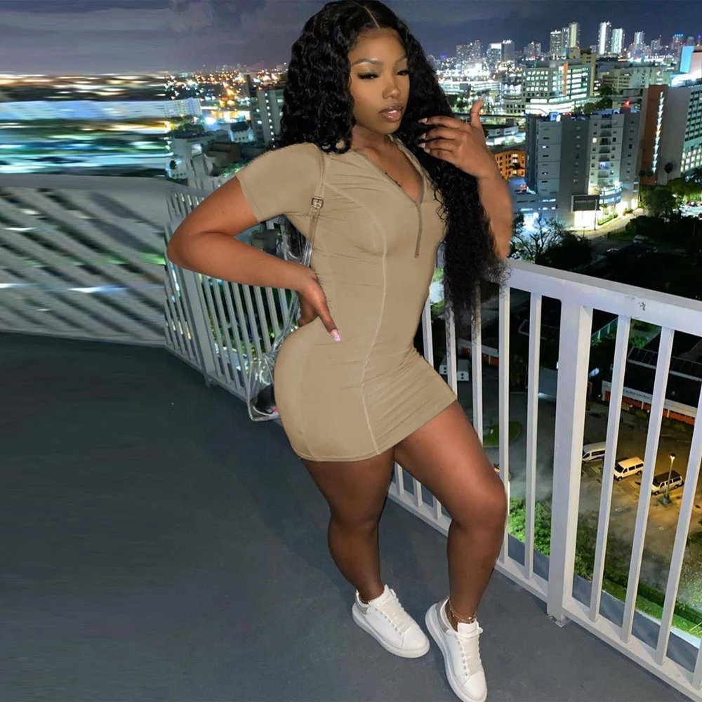 

Activewear Workout Casual Sporty Dresses for Women Deep V Neck Short Sleeve Sheath Dress Summer Zipper Up Stretchy Club Outfits