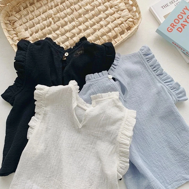 

2021 Summer Toddlers Kids Pure Color T-shirts Sleeveless Tops Ruched Baby Girls Tees 3 colors