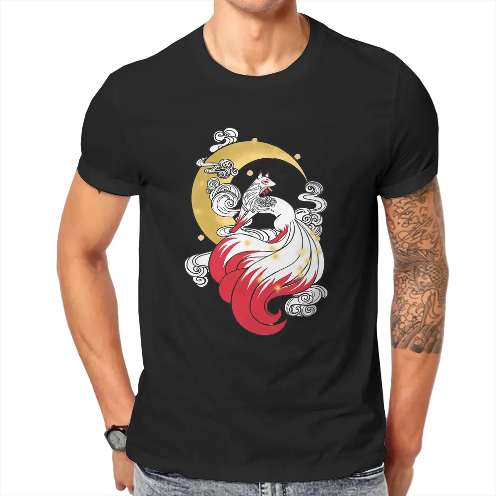 

Nine Tailed Fox Beautiful Fantasy TShirt for Men Kitsune Golden Moon Soft Summer Sweatshirts T Shirt Novelty New Design Loose