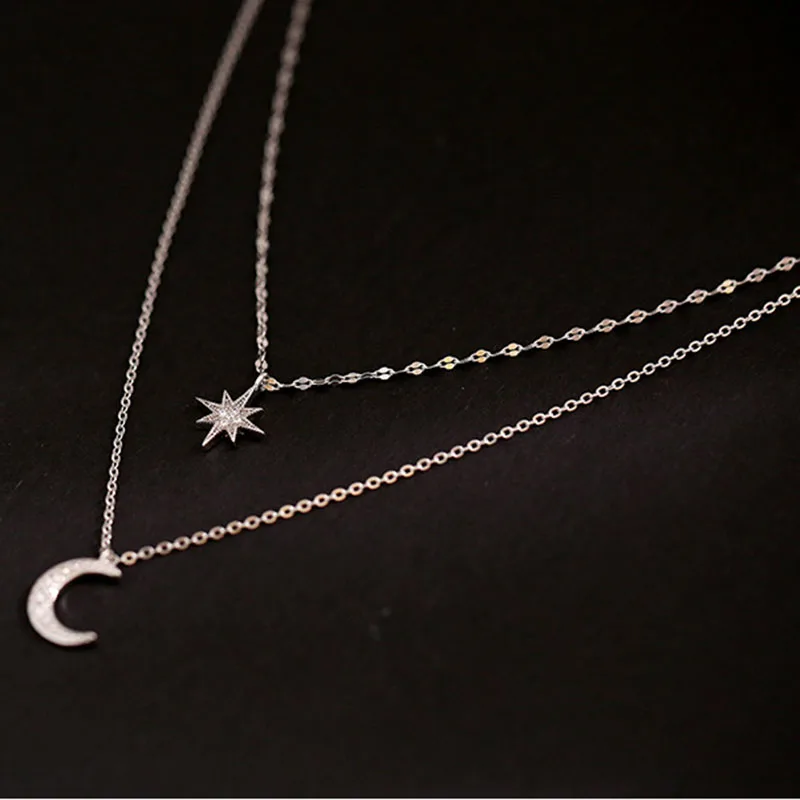 

Double Star Moon Silver Color Cubic Zirconia Clavicle Chain Necklace For Women Girls Simple Dainty Trendy Jewelry