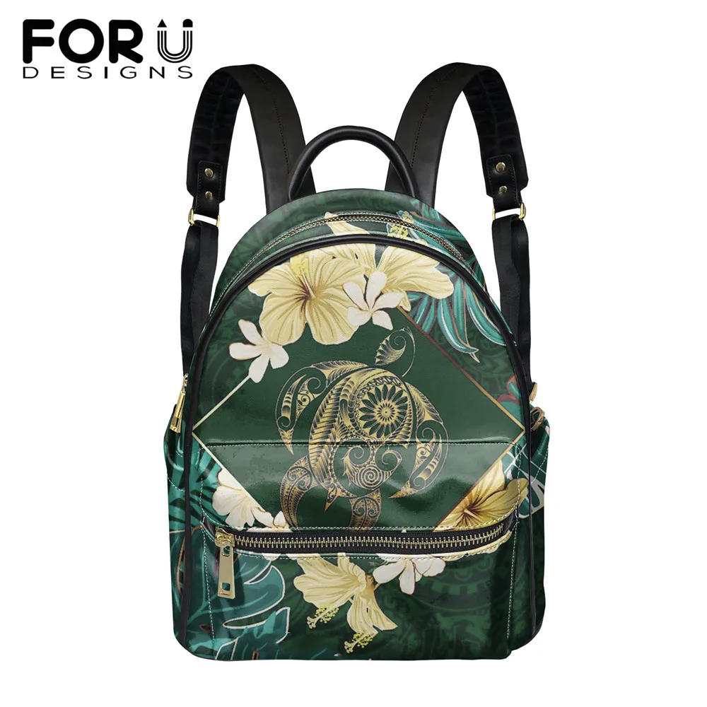 

FORUDESIGNS Fashion Pu Leather Backpacks for Ladies Hawaii Sea Turtle And Floral Print Teenager Girls Small Schoolbags Sac a dos