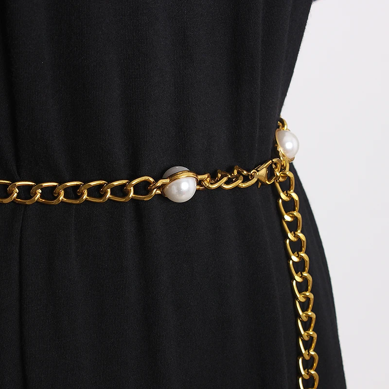 

Spring 2021 Luxury Designer Gold Metal Fashion Pearl Waist Chain Strap Long D Belts Suit Women Dresses Pants Jeans Accessories